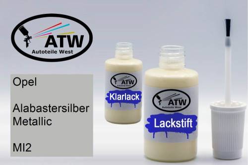 Opel, Alabastersilber Metallic, MI2: 20ml Lackstift + 20ml Klarlack - Set, von ATW Autoteile West.